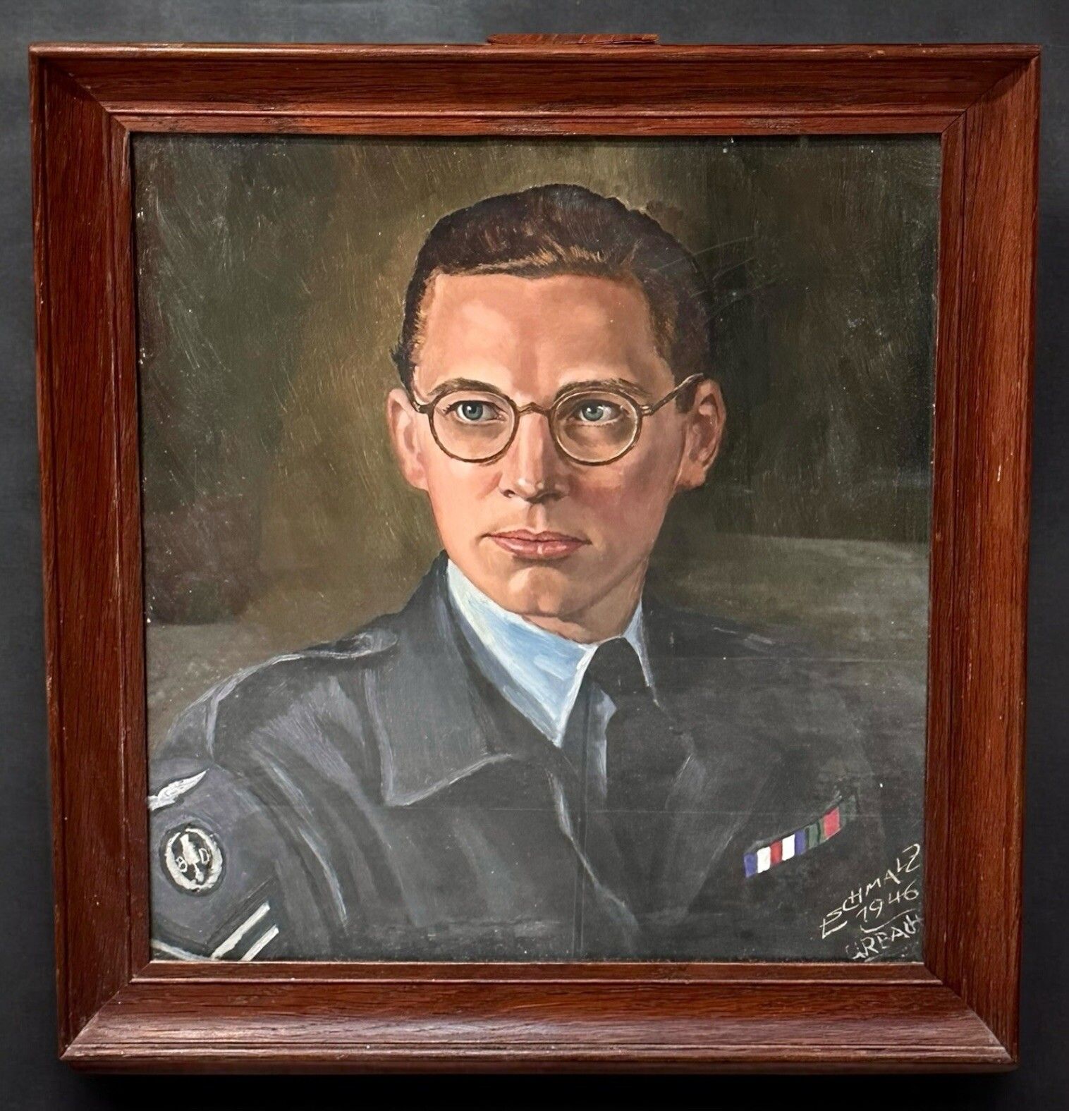 Original Oil Painting Portrait Of Military Officer Raf Bomb Disposal 1946