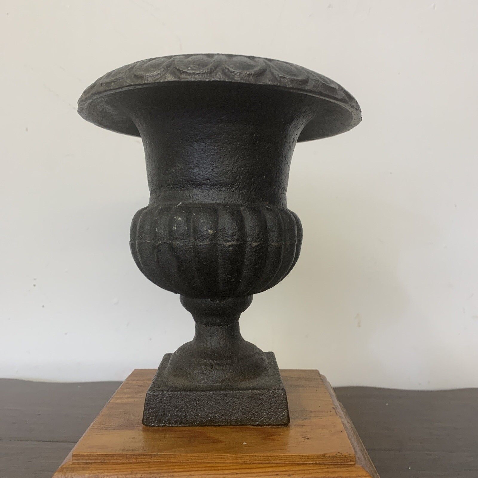 Antique Vintage Cast Iron Miniature Medici Urn On Wooden Plinth photo for sale