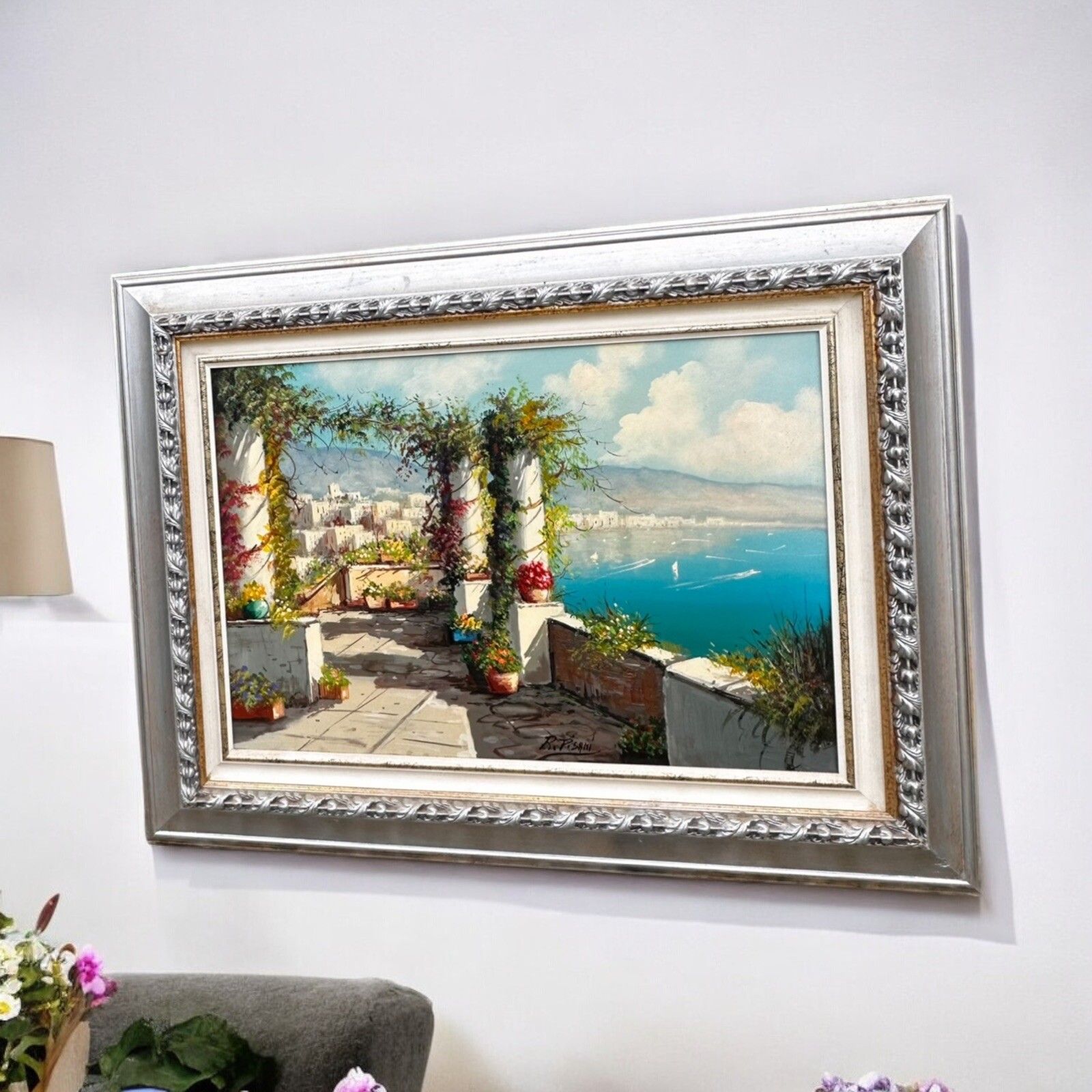 Amalfi Coast Landscape Seascape Bay Of Capri Large '70s Oil Painting 96cm Length