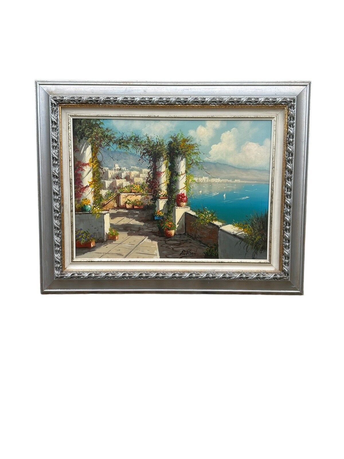 Amalfi Coast Landscape Seascape Bay Of Capri Large '70s Oil Painting 96cm Length photo Art