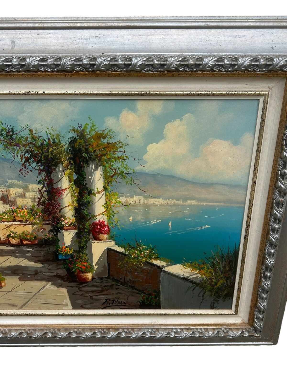 Amalfi Coast Landscape Seascape Bay Of Capri Large '70s Oil Painting 96cm Length photo vinterior
