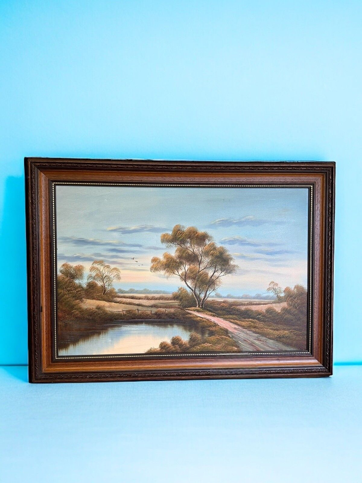 Mid Century Large Oil On Canvas Signed  Landscape Flying Duck Scene 91x66cm