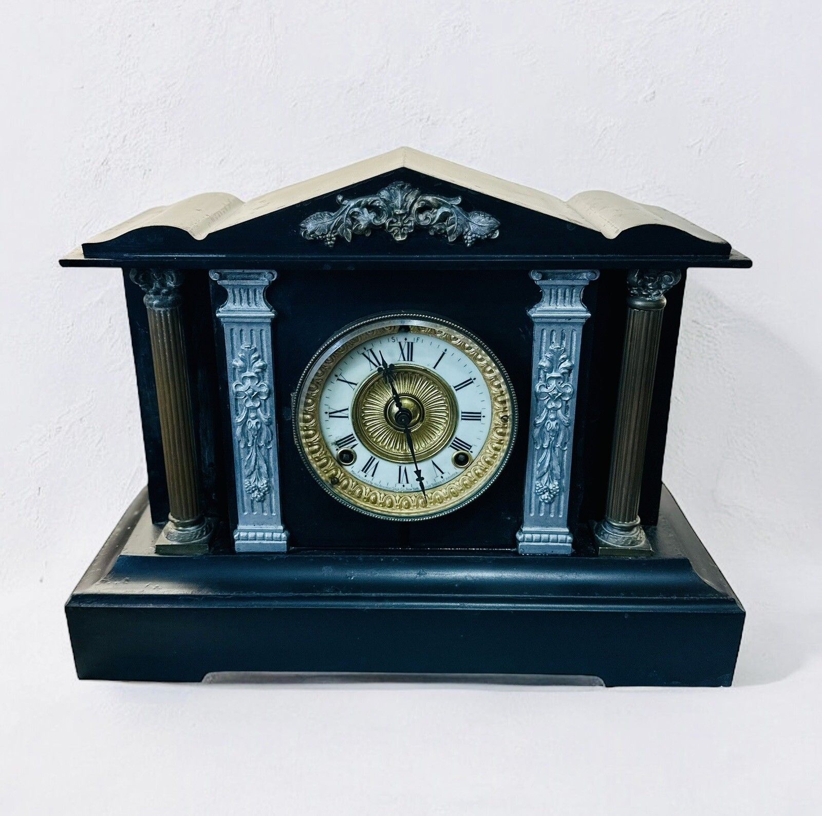 Fabulous Victorian Ansonia Antique Architectural Mock Slate Metal Mantel Clock