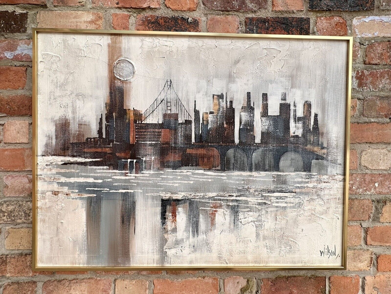 Original Signed Oil On Canvas “Misty Metropolis” Landscape Architecture 102cm photo furniture