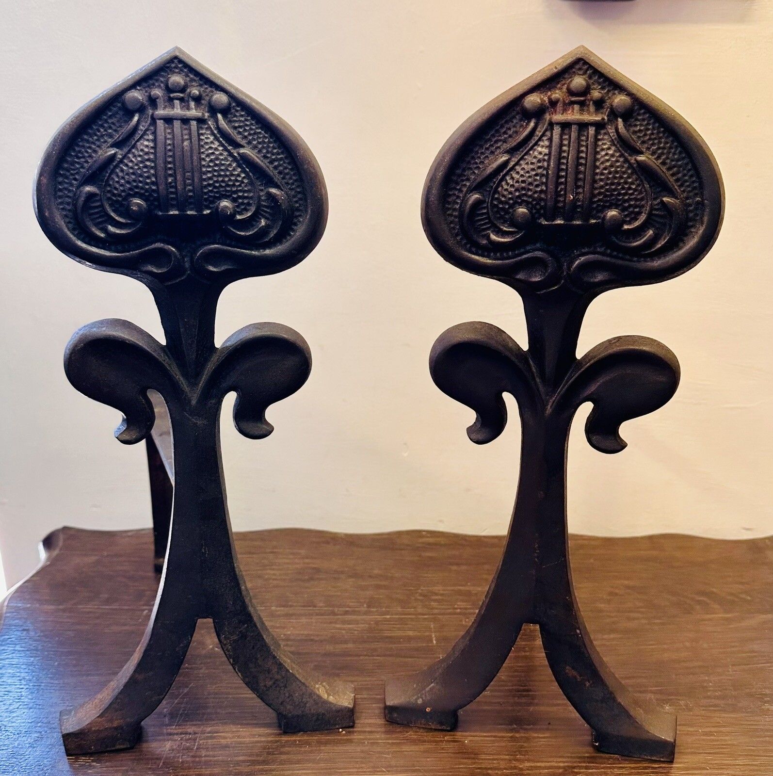 Superb Pair Of Antique Art Nouveau Heart Motif Iron Fireside Fire Dogs Andirons