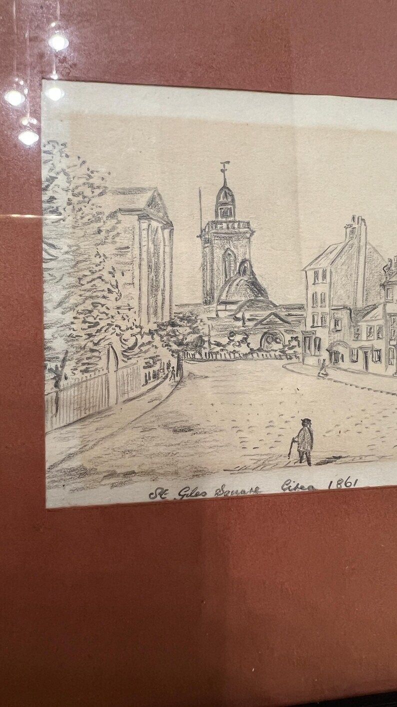 1861 Signed Pencil Drawing Of St. Giles Square – Framed Antique Artwork photo Art