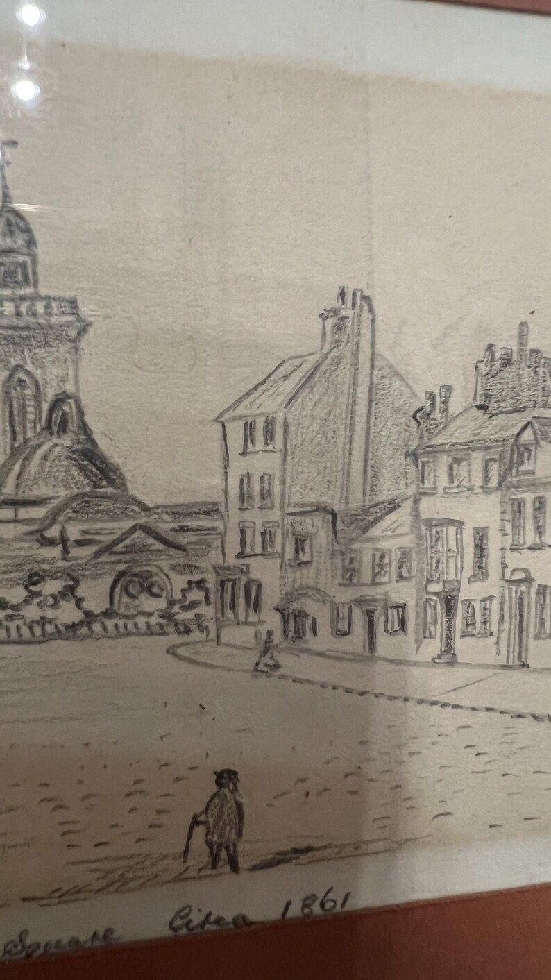 1861 Signed Pencil Drawing Of St. Giles Square – Framed Antique Artwork photo vinterior