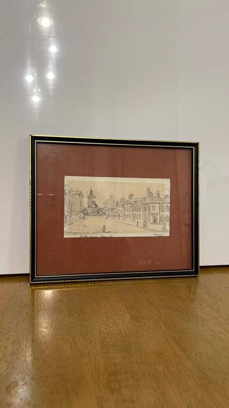 photo for sale 1861 Signed Pencil Drawing Of St. Giles Square – Framed Antique Artwork