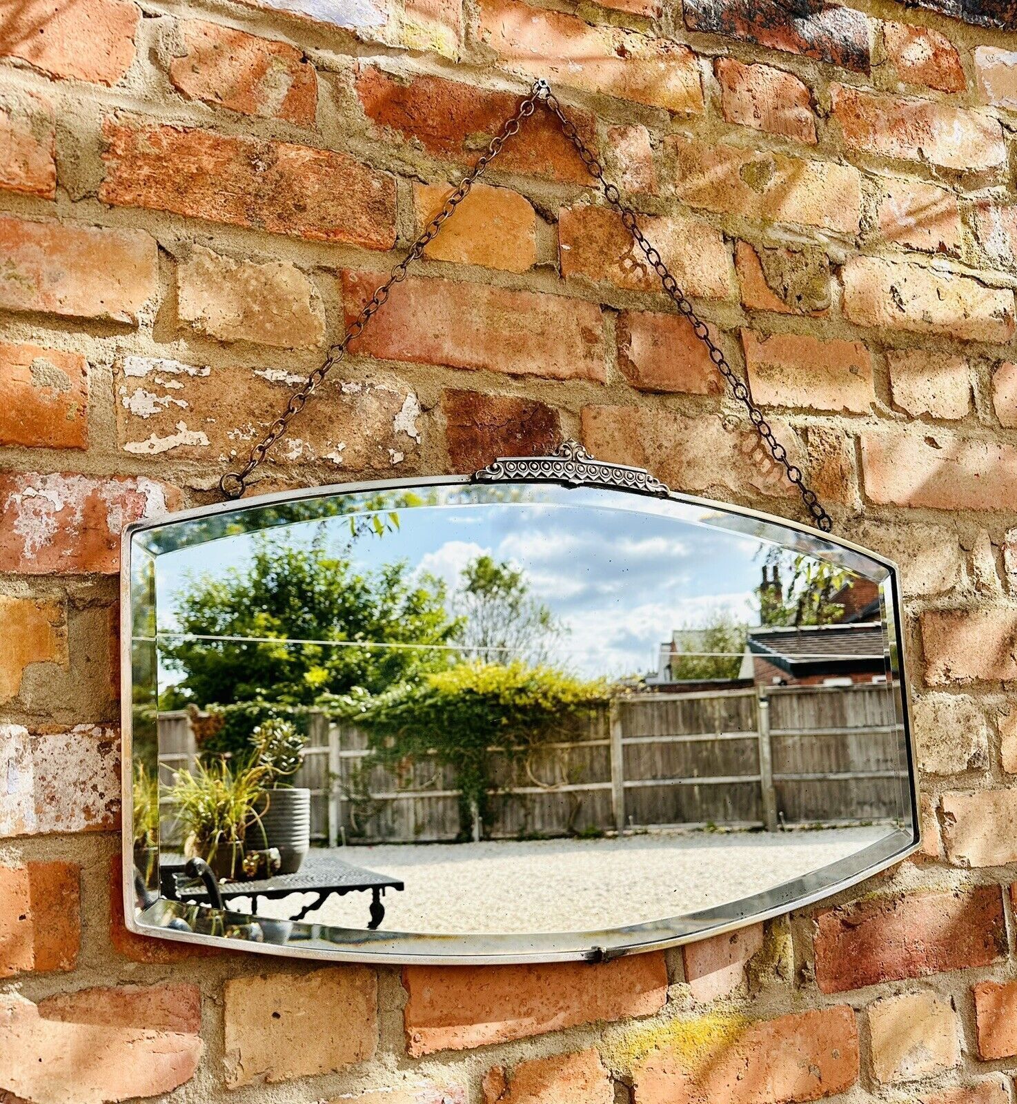 Original Art Deco Metal Framed Bevelled Chain Mirror   Gorgeous 70cm X 43cm