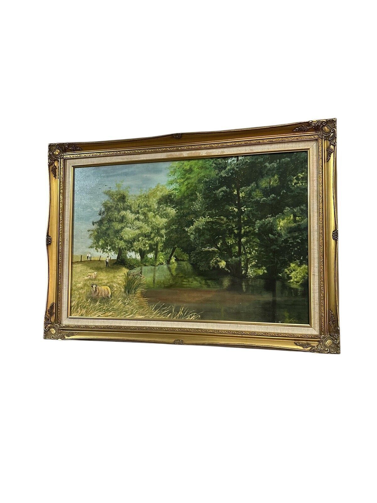 Mid Century Signed Oil On Canvas   Landscape Sheep Scene   90cm By 65cm photo furniture