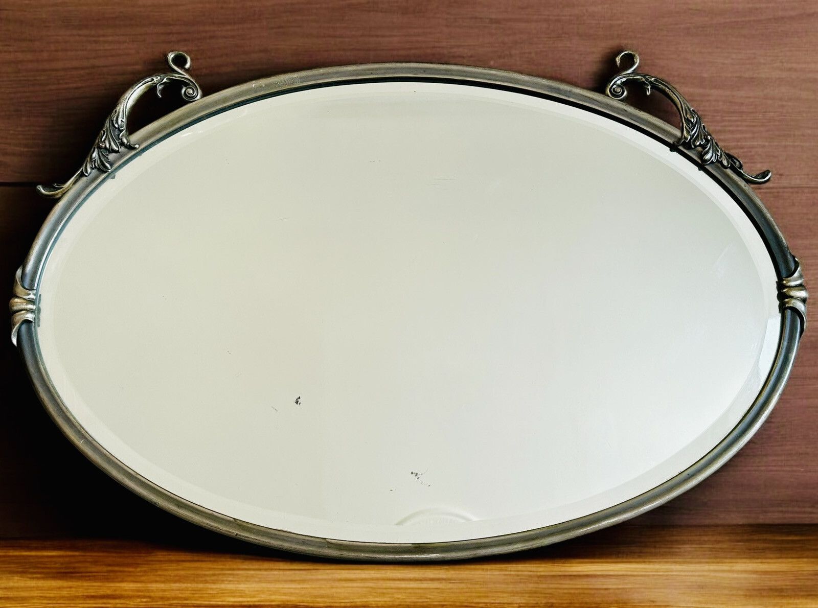 Antique White Metal Bevelled Oval Mirror   C1910 Edwardian Art Deco   80 By 54cm