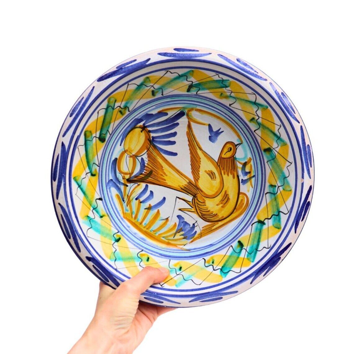 Large Spanish Pottery Hand Painted Bird Bowl Lebrillo Made In Murcia, Spain By El Poveo Fruit Bowl