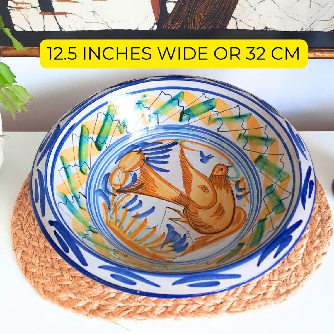 Large Spanish Pottery Hand Painted Bird Bowl Lebrillo Made In Murcia, Spain By El Poveo Fruit Bowl photo Home Decor