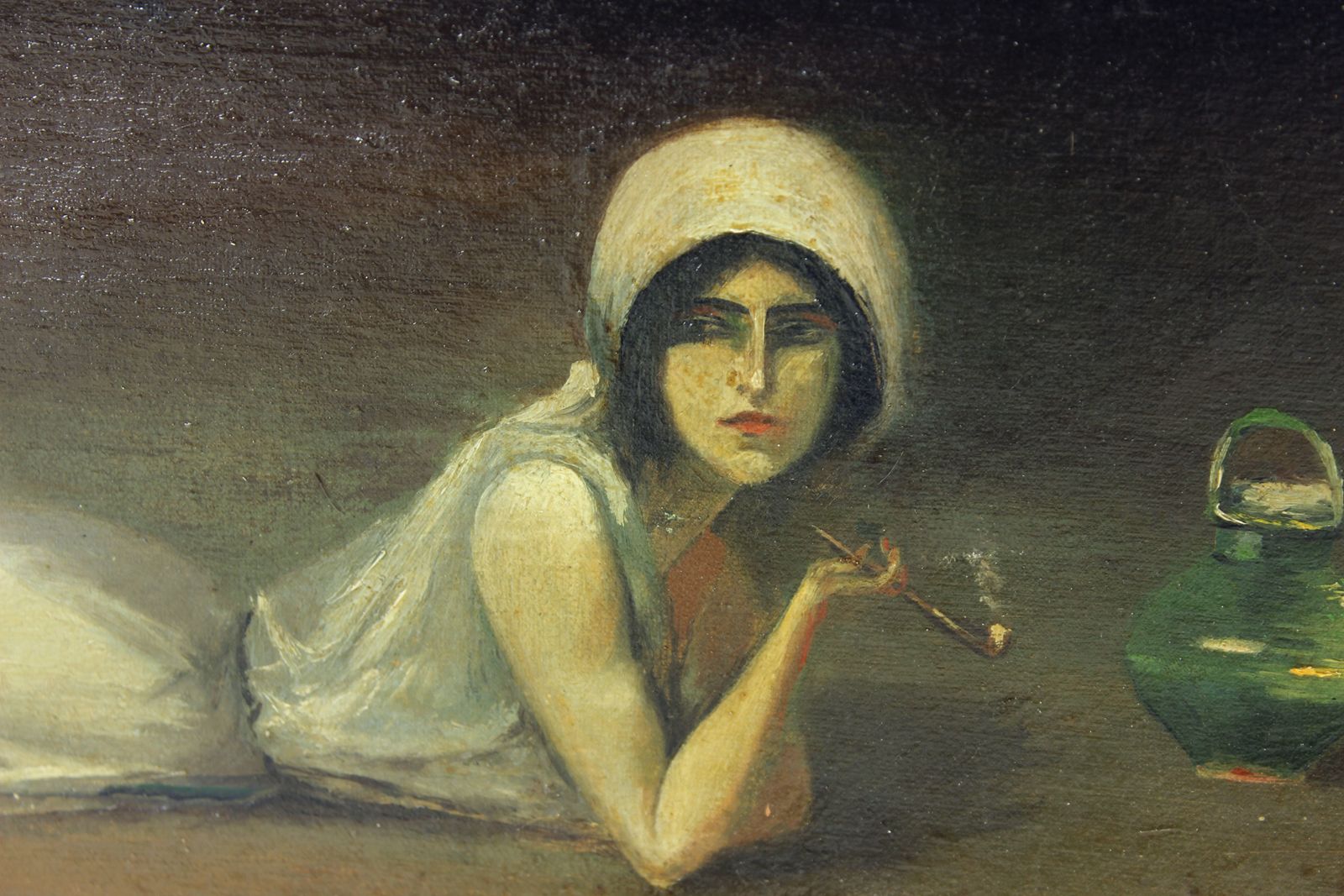 Vintage Oil Painting Of Gypsy From Zamutov, Czechoslovakia 1940s photo furniture