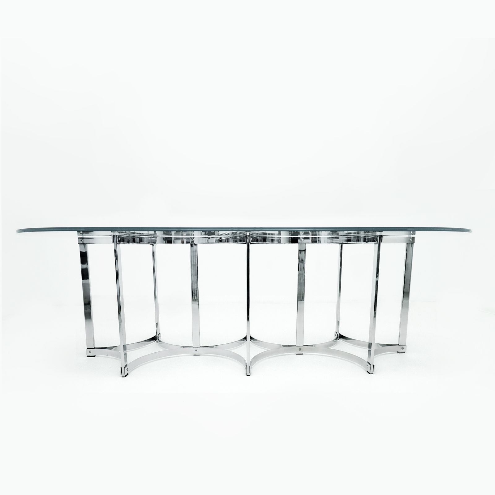 photo buy Vintage Chrome And Glass Dining Table And 8 Matching Leather Chairs By Richard Young For Merrow Associates