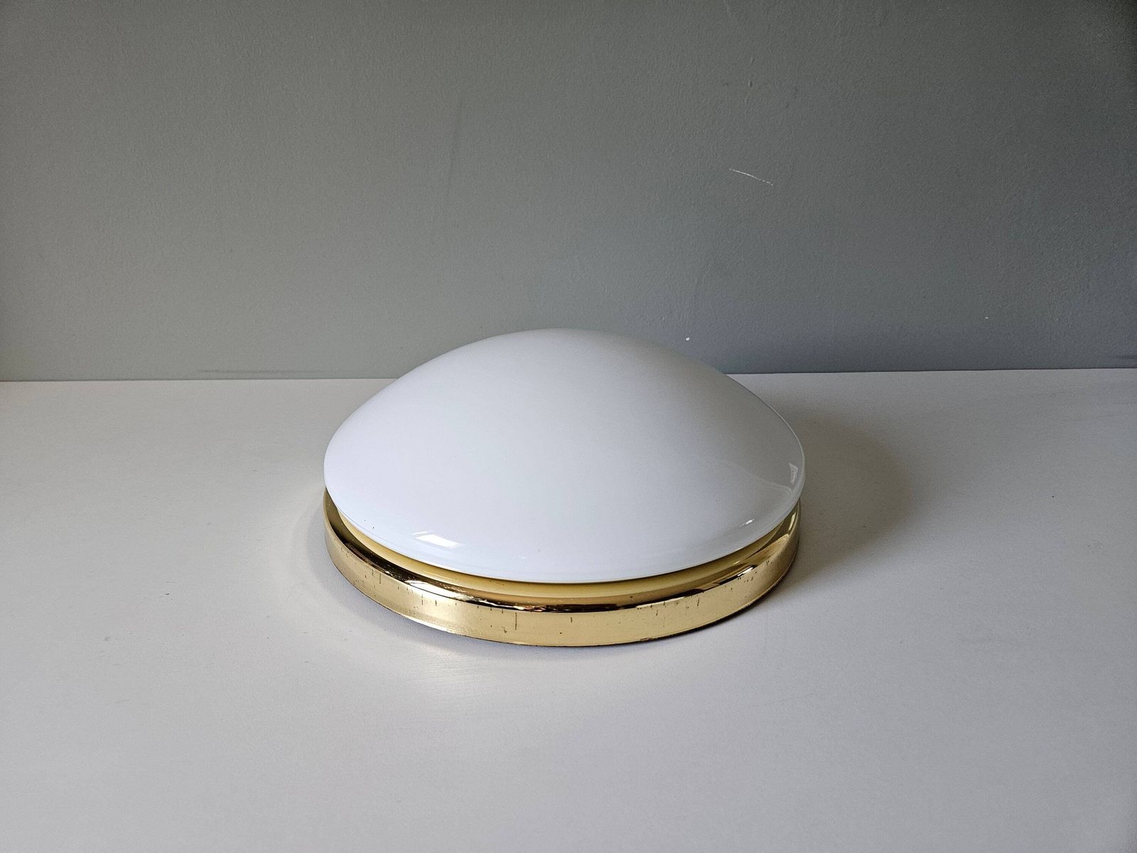 Large Vintage Glass Flush Mount Ceiling Light, Glossy White Glass Wall Lamp, Glass Ceiling Lamp, 80's Lampsp, Brass Lamp photo for sale