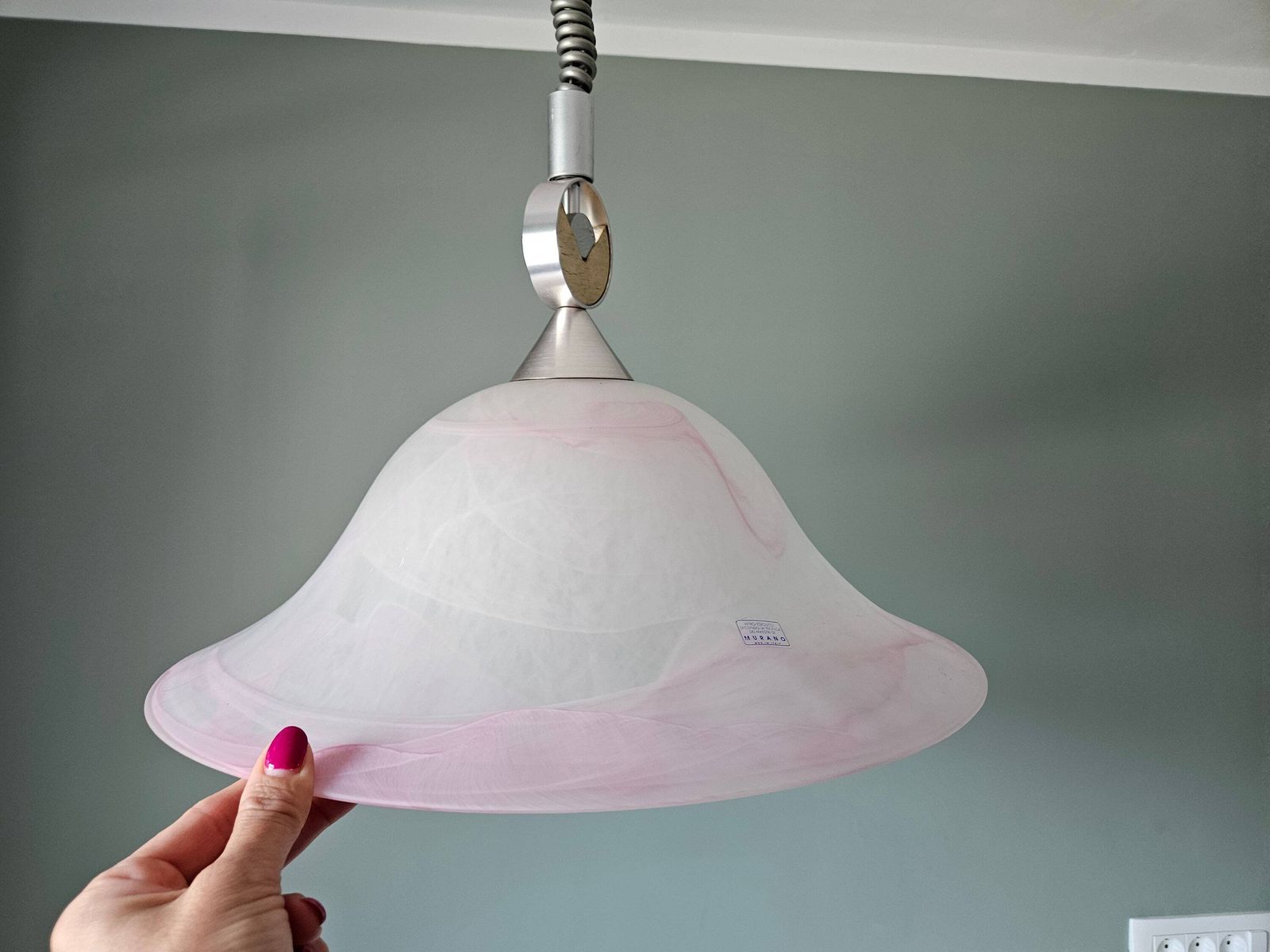 Vintage Murano Glass Pendant Light, Italian Design Swirl Pattern In White And Pink, 70's 80's, Mid Century Ceiling Lamp, Chandelier photo vintage