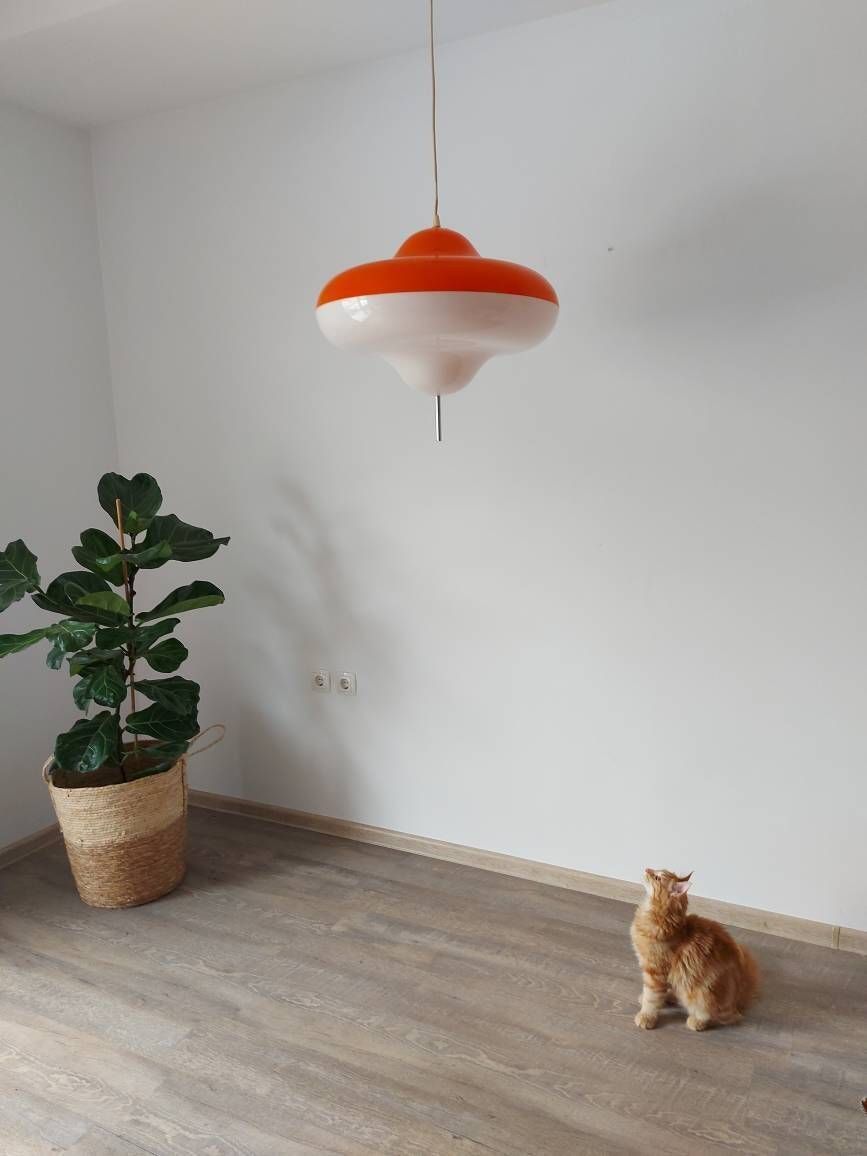 Extra Rare Meblo For Guzzini Pendant Lamp Model Disco, Space Age Lamp Harvey Guzzini, Retro Lamp 70's, Atomic Ceiling Light, Retro Lighting photo vinterior