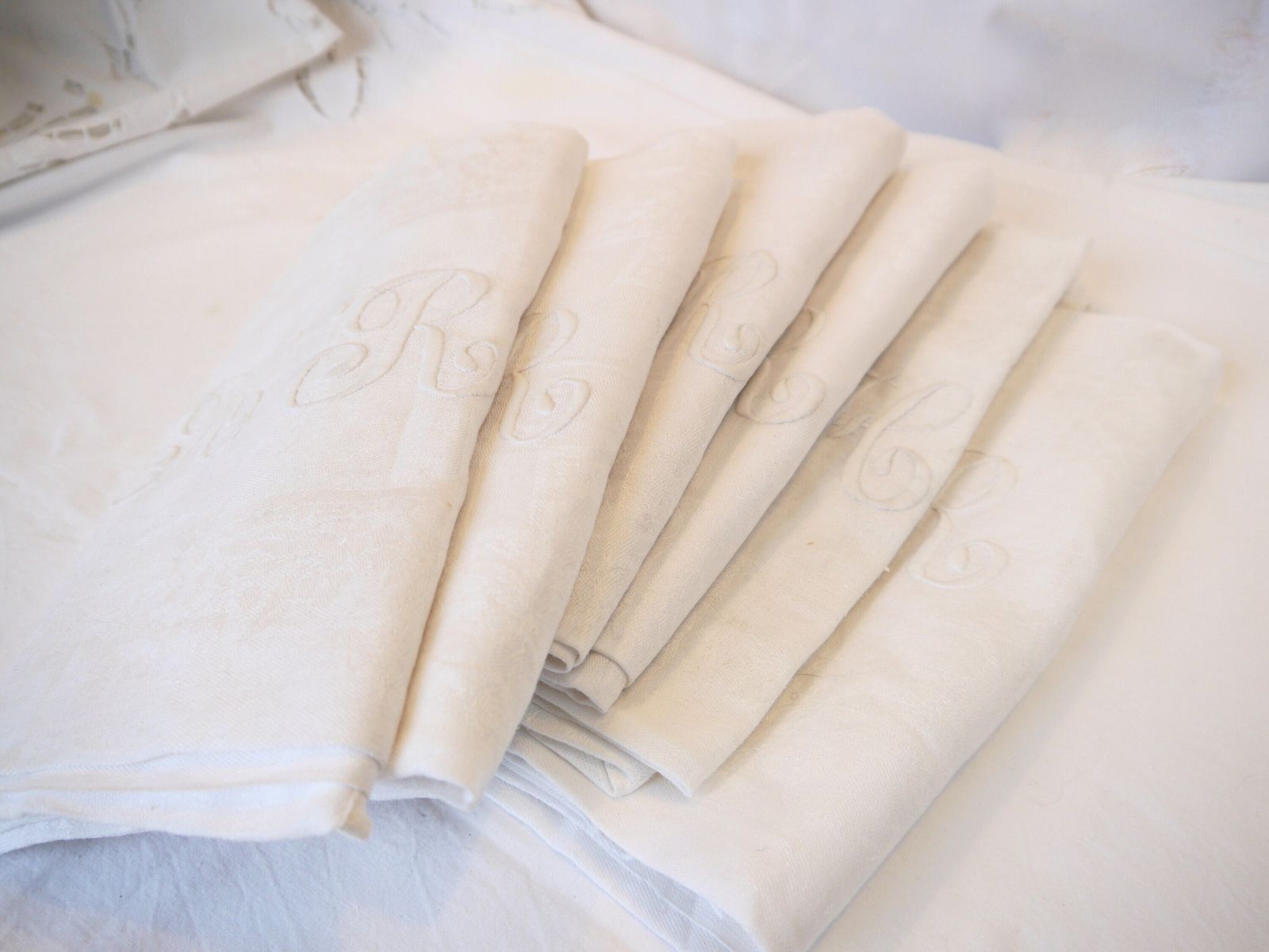 Set Of 6 French Damask Hand Stitched Napkins, Vintage Table Napkins, Monogrammed Cotton Damask Table Napkins,