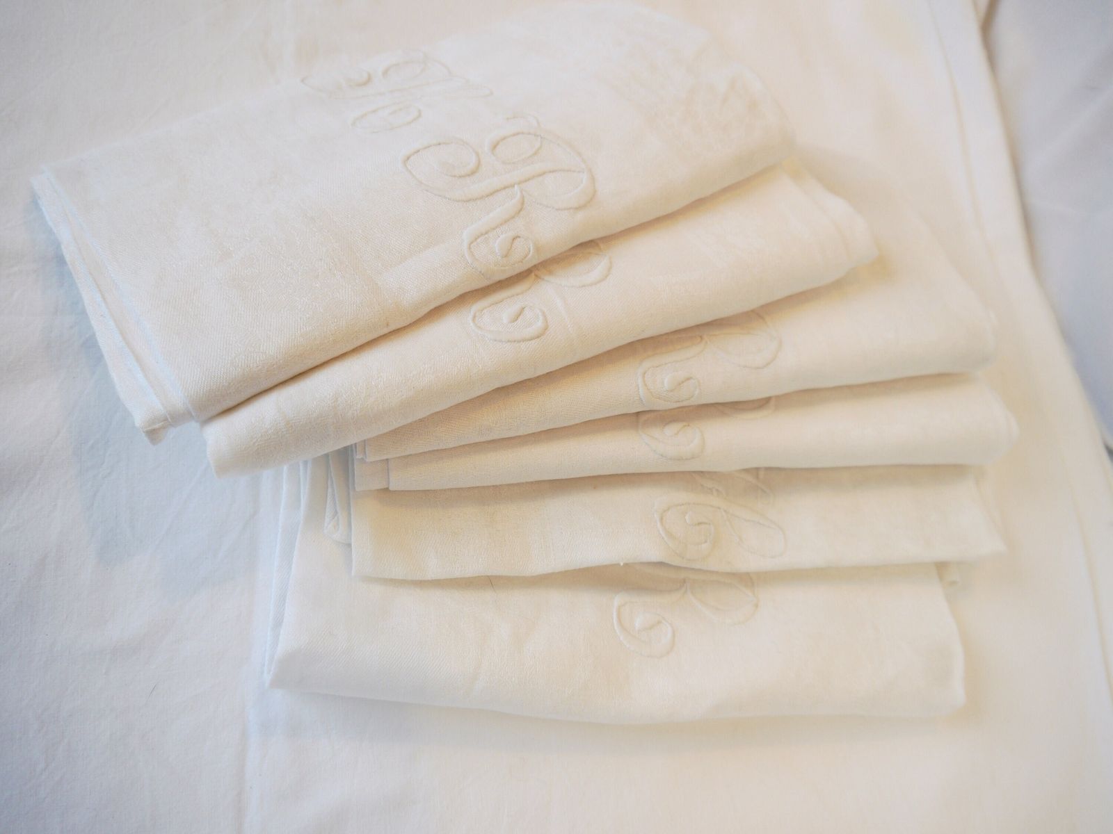 Set Of 6 French Damask Hand Stitched Napkins, Vintage Table Napkins, Monogrammed Cotton Damask Table Napkins, photo furniture