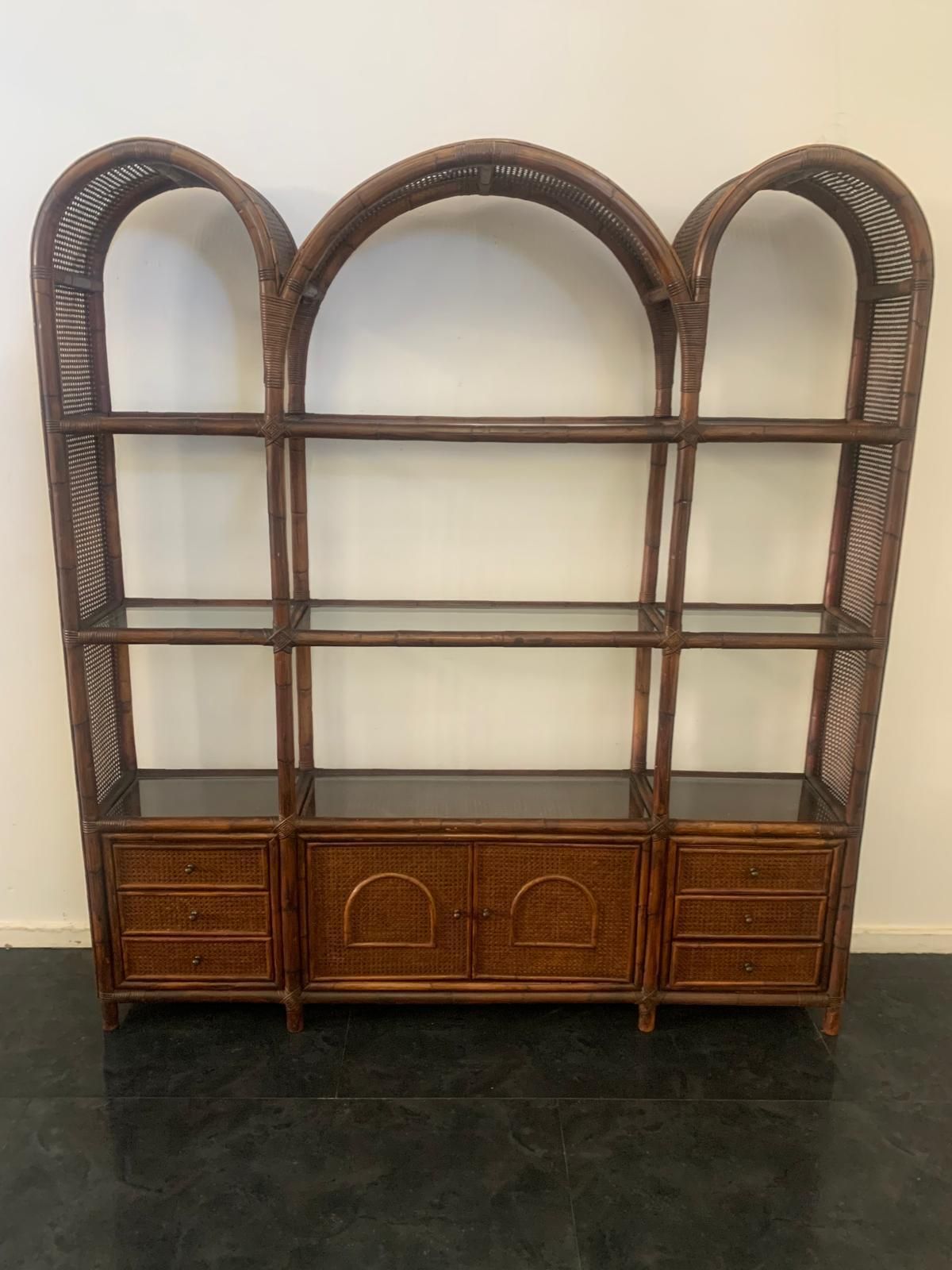 Bookcase In Malacca Rattan And Crystal By Vivai Del Sud, 1970s