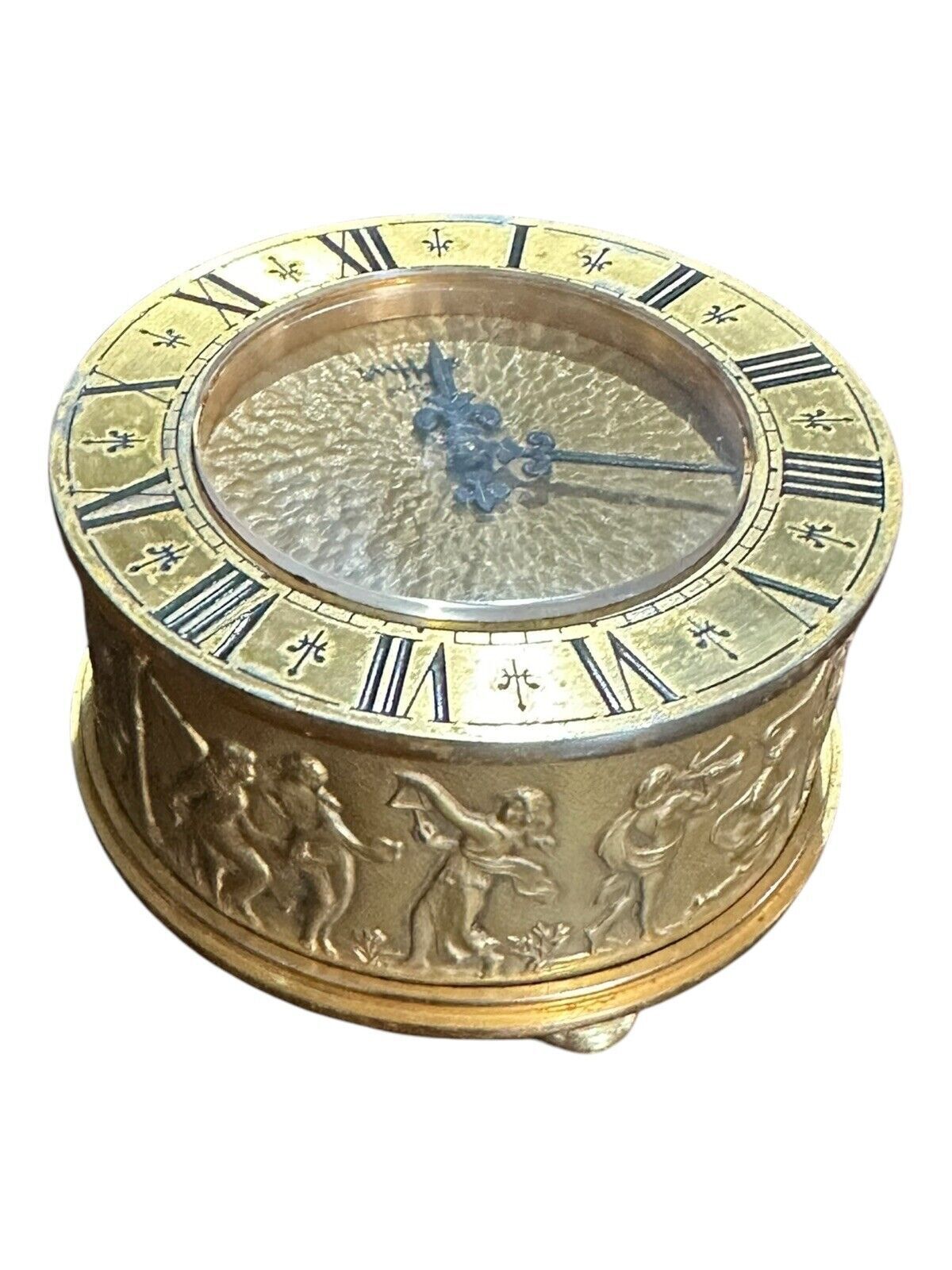 Imahof Mid Century Gold Neo Classical Musical Scene Desk Table Clock   Very Rare