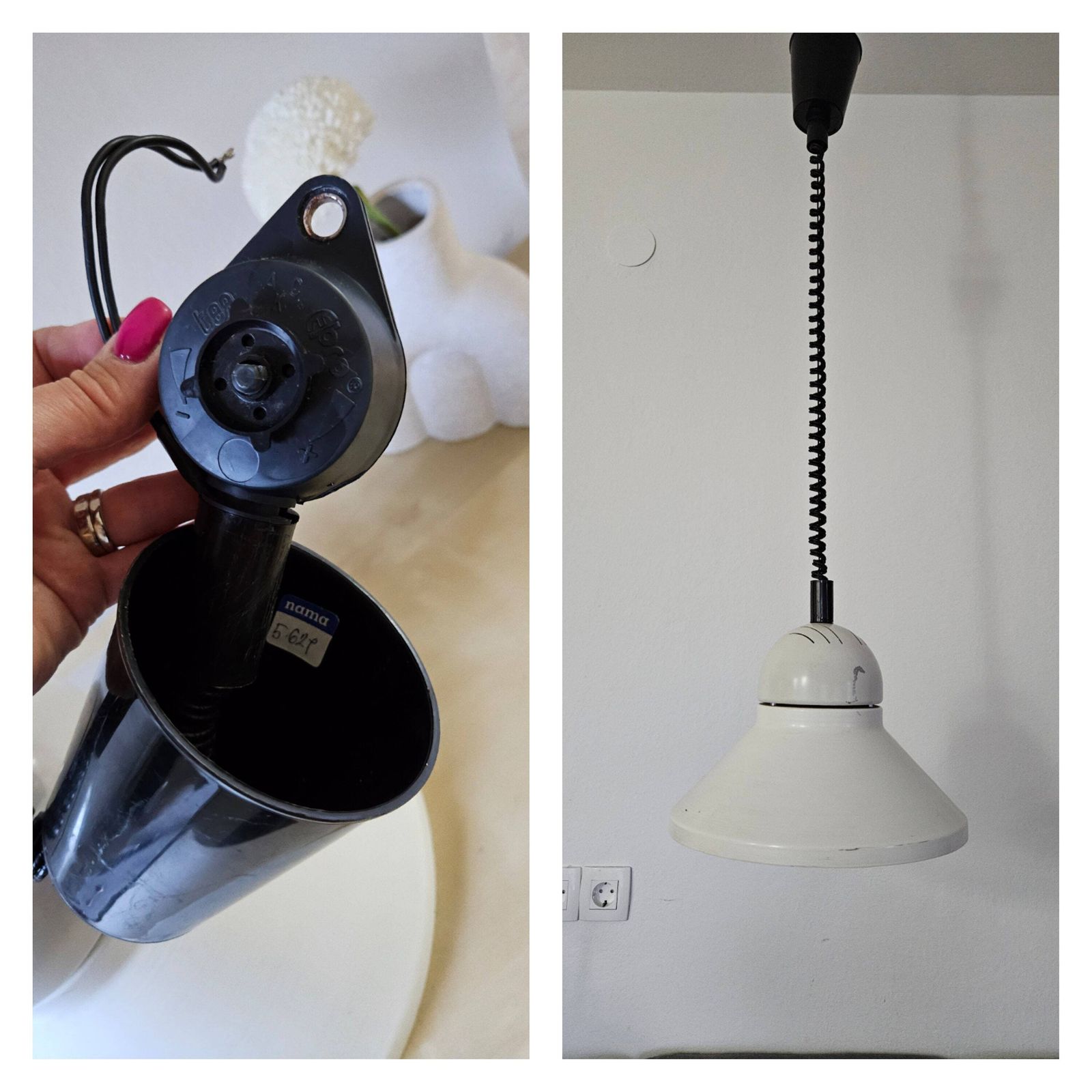 photo for sale Vintage Pendant Lamp, White Lamp, Metal Lamp, Vintage Ceiling Light, 80's Lamps, Retro Hanging Light, Retro Kitchen Lamp, Black And White