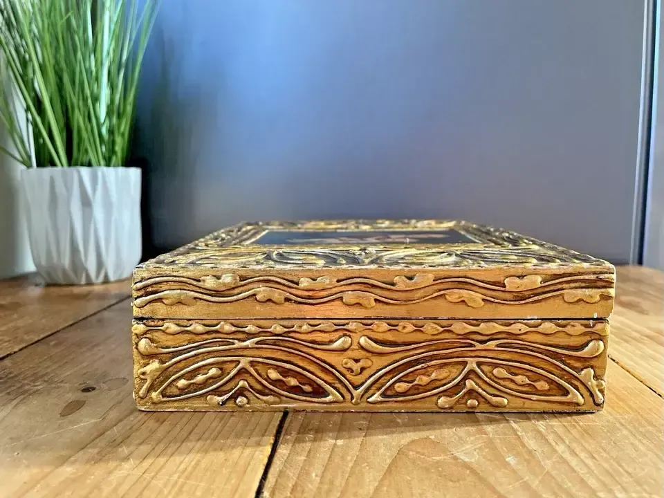 photo for sale Florentine Giltwood Madonna Del Granduca Italian Brutalist Wooden Jewellery Box