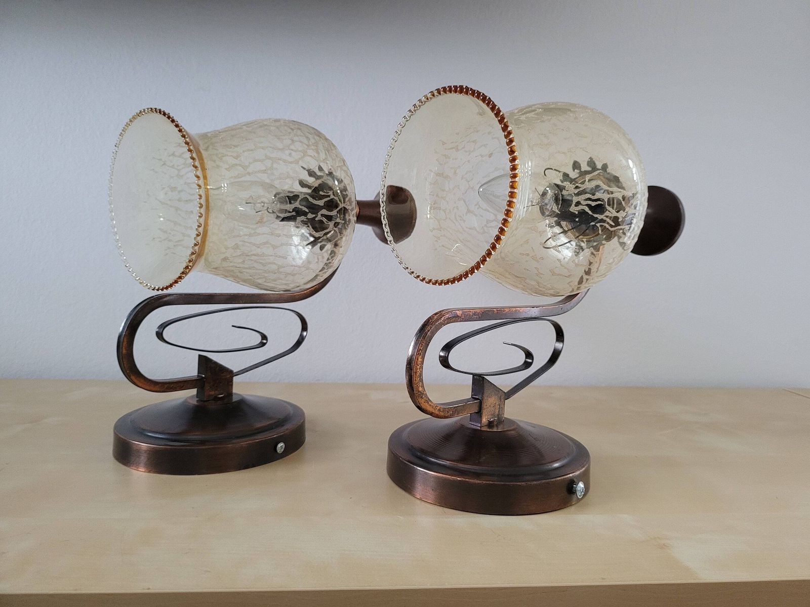Set Of 2 Vintage Wall Lamps, Wall Sconces Pair, Bedside Lights, Copper Lamp, Glass Lamp, Mid Century Lamp, Yugoslavia 80's, Vintage Light photo for sale