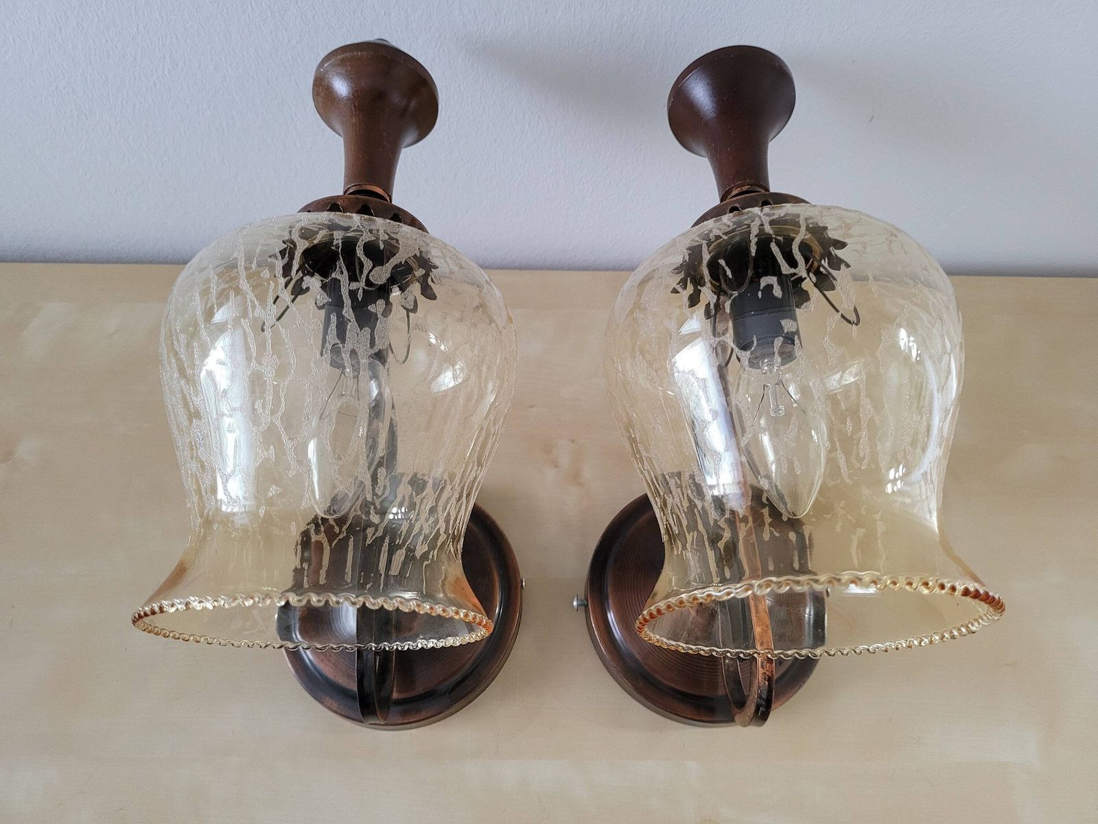 photo furniture Set Of 2 Vintage Wall Lamps, Wall Sconces Pair, Bedside Lights, Copper Lamp, Glass Lamp, Mid Century Lamp, Yugoslavia 80's, Vintage Light