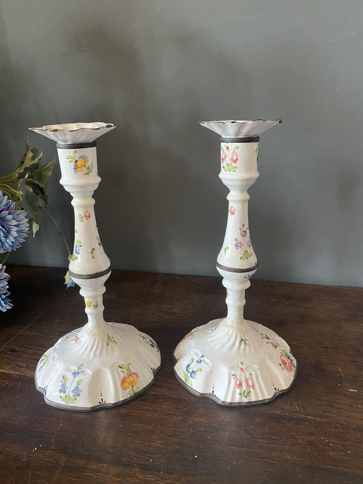 A Pair Of Bilston/Battersea Mid 18th Century Candle Sticks
