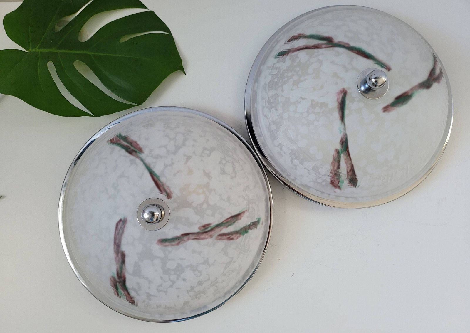 Set Of 2 Large Round Glass Flush Mount Lights / Vintage Ceiling Lights / Wall Lamp Pair / White Glass Sconces / 80's Wall Lamps