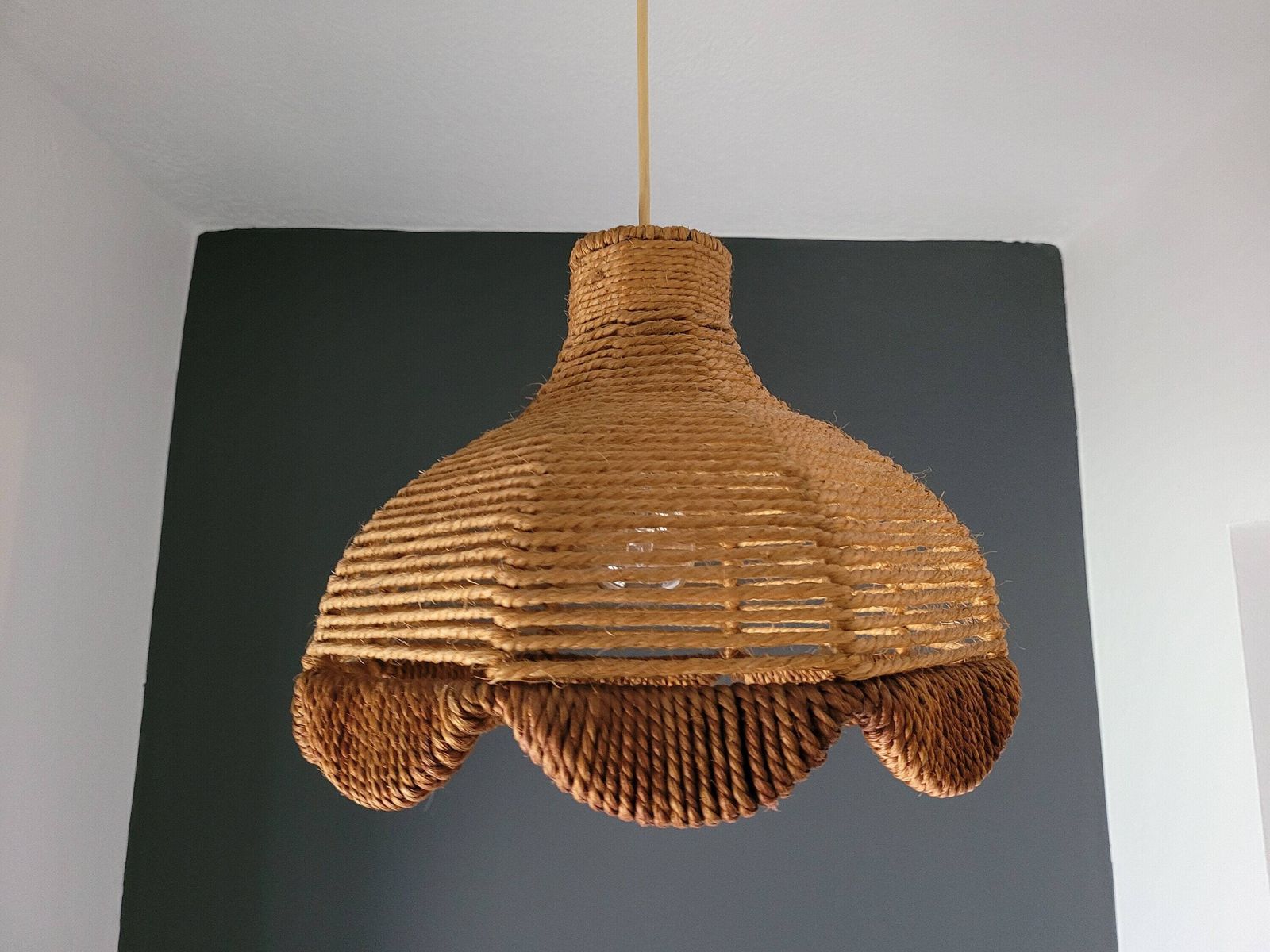 Vintage Pendant Lamp, Bohemian Wicker Lamp, Mid Century Modern, Boho Ceiling Light, 70s, Retro Hanging Light, Rustic Lamp, Rope Lamp, String photo furniture
