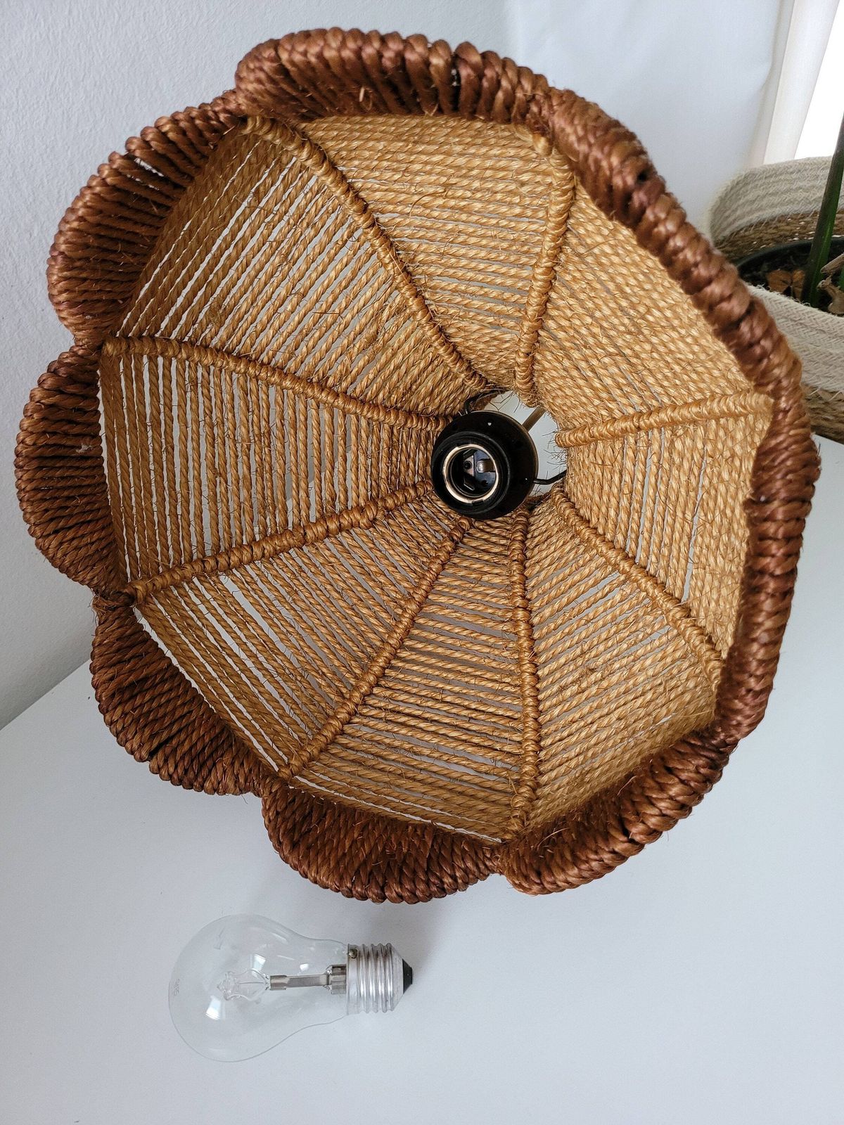 Vintage Pendant Lamp, Bohemian Wicker Lamp, Mid Century Modern, Boho Ceiling Light, 70s, Retro Hanging Light, Rustic Lamp, Rope Lamp, String photo vinterior
