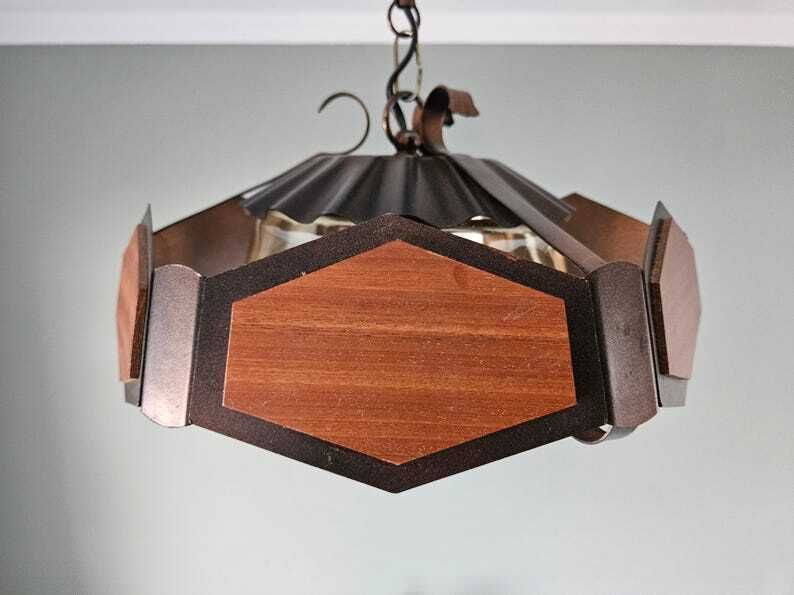 Vintage Ceiling Light, Brutalist Wood Copper Pendant Light, Glass Chandelier, Mid Century Modern Lamp, Rustic Lamp, Retro Lighting photo 190.0