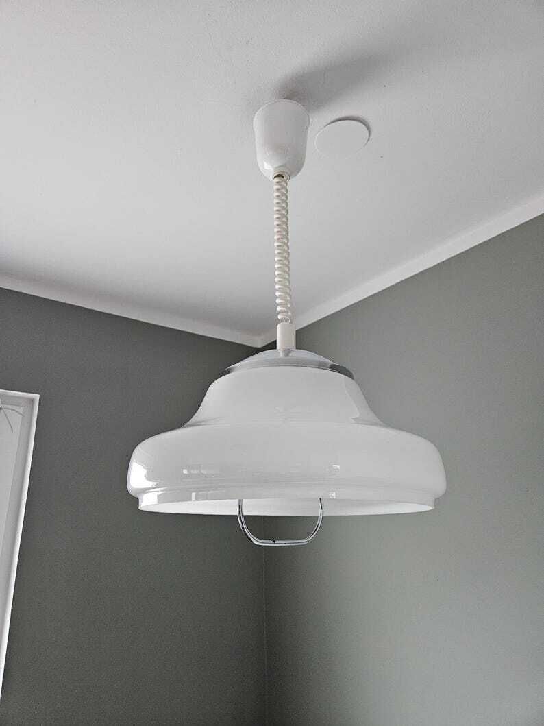 Vintage Pendant Light, White Glass Ceiling Light, Hanging Lamp, Space Age Lamp, Retro Lamps, Yugoslavia 70's, Mid Century Modern photo for sale