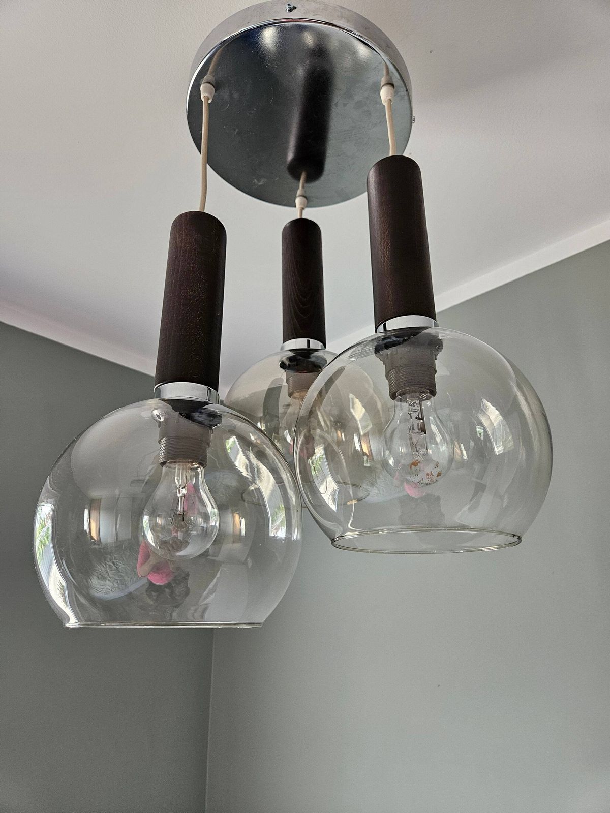 Mid Century Modern Pendant Lamp, Cascade Lamp, Space Age Ceiling Light, Yugoslavia 70's, Mcm Light Fixture, Glass Wood Vintage Chandelier photo for sale
