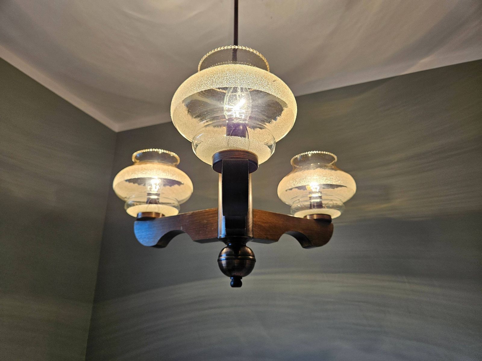 Mid Century Modern Ceiling Lamp, Amber Glass Globe Chandelier, Pendant Light, Copper And Wood, 70s Yugoslavia, Vintage Light, Mcm photo for sale
