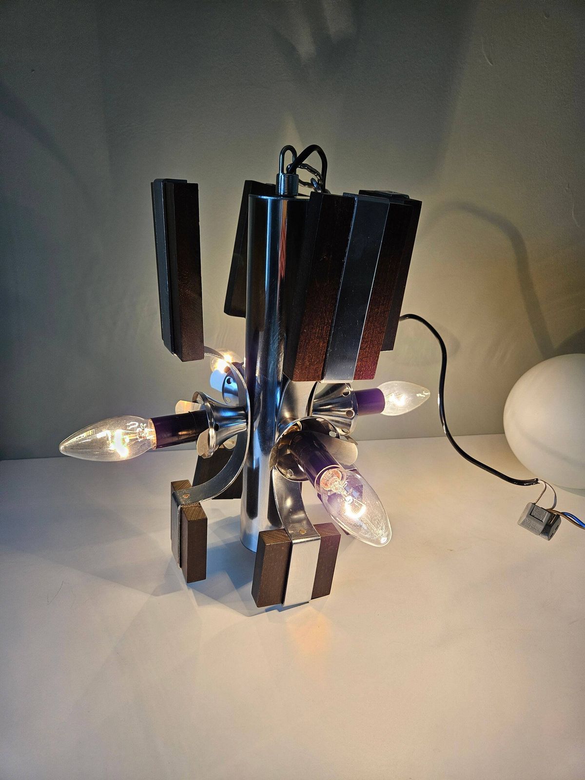 photo furniture Sputnik Chandelier, Mid Century Modern, Globes Light Fixture, Space Age, Vintage Brutalist Ceiling Light, Wooden Lamp, Yugoslavia 70s 80s