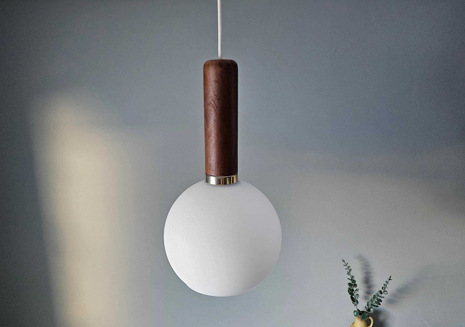 Vintage Hanging Lamp / Yugoslavia 1970 / Milk White Glass Wood Brass / Pendant Light / Light Fixture / Ceiling Light / White Lamp