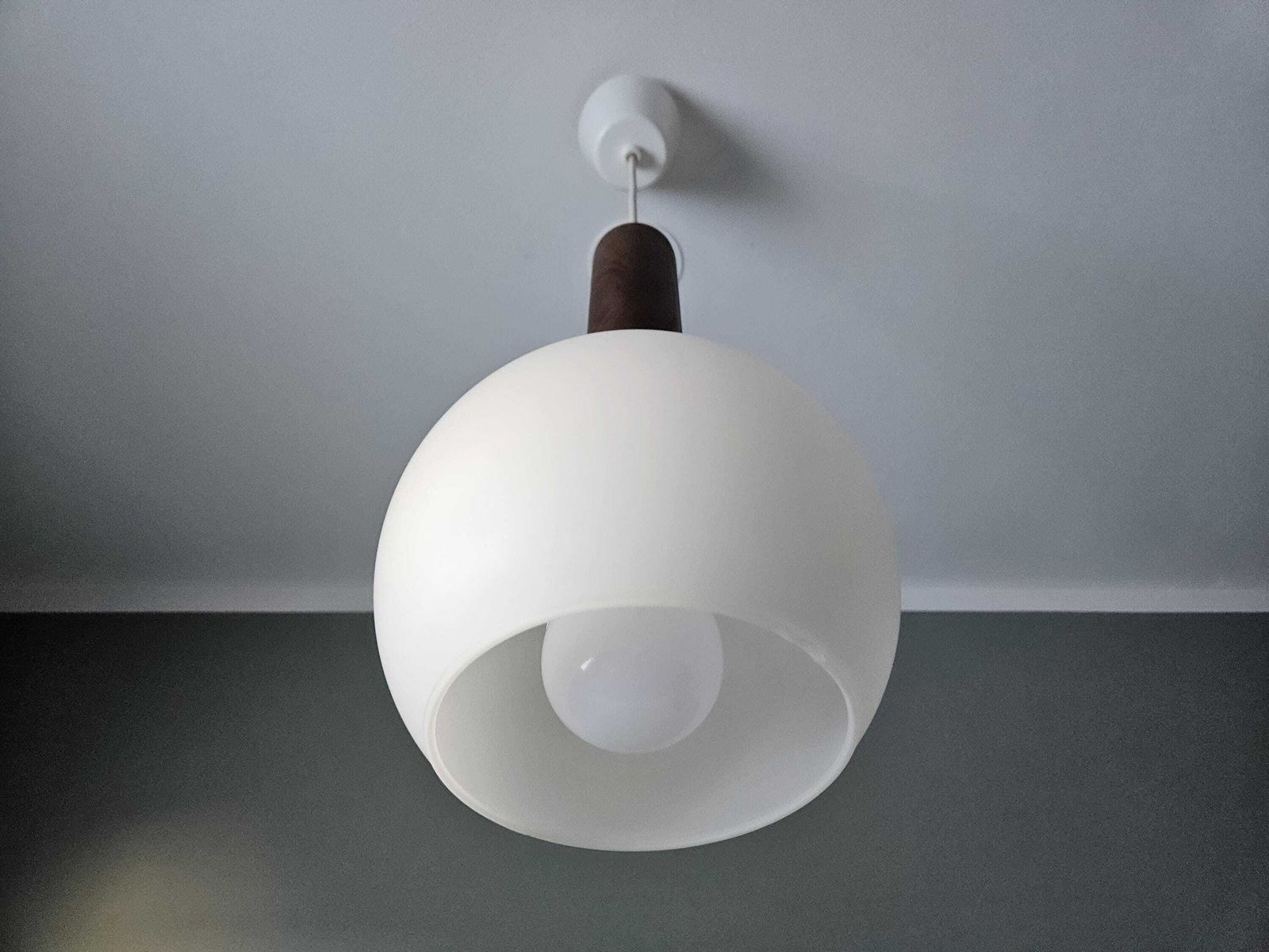 Vintage Hanging Lamp / Yugoslavia 1970 / Milk White Glass Wood Brass / Pendant Light / Light Fixture / Ceiling Light / White Lamp photo furniture
