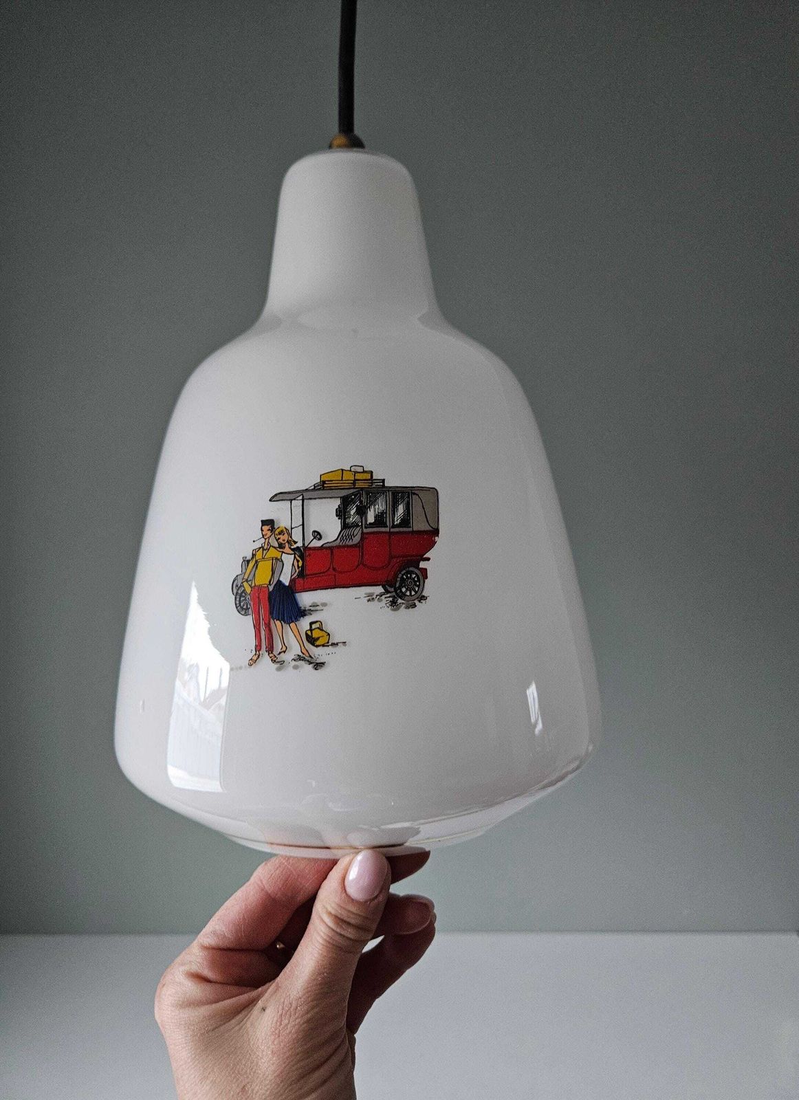 Vintage Pendant Light, Old Kitchen Lamp, Opaline Glass Ceiling Light, 60's, Farmhouse Lamp, Cottage Core, Love Couple And Carriage