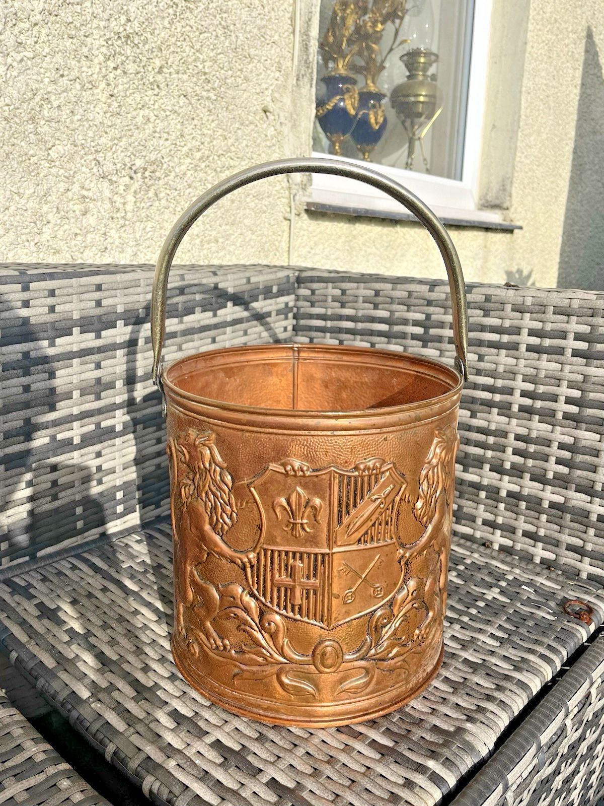 photo for sale Vintage Copper Coat Of Arms Heraldic Regal Lion Coal Bucket Scuttle Kindling Bin