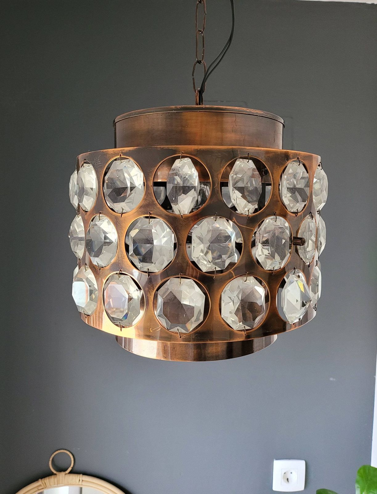 Vintage Ceiling Light, Copper & Crystal Pendant Lamp, Chandelier, Mid Century Modern Light Fixture, 70's Rustic Lamp, Retro Hanging Light