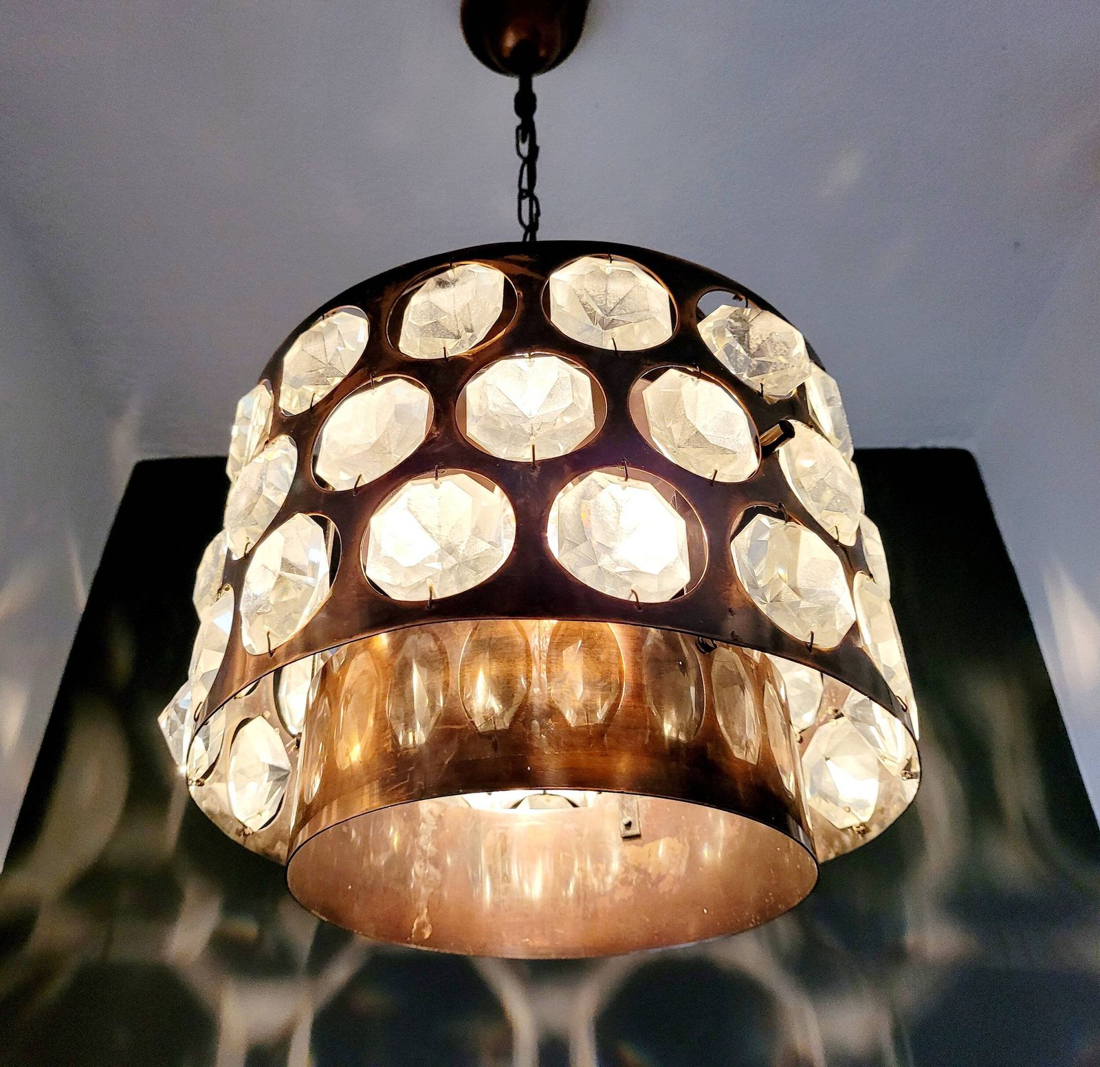 Vintage Ceiling Light, Copper & Crystal Pendant Lamp, Chandelier, Mid Century Modern Light Fixture, 70's Rustic Lamp, Retro Hanging Light photo furniture