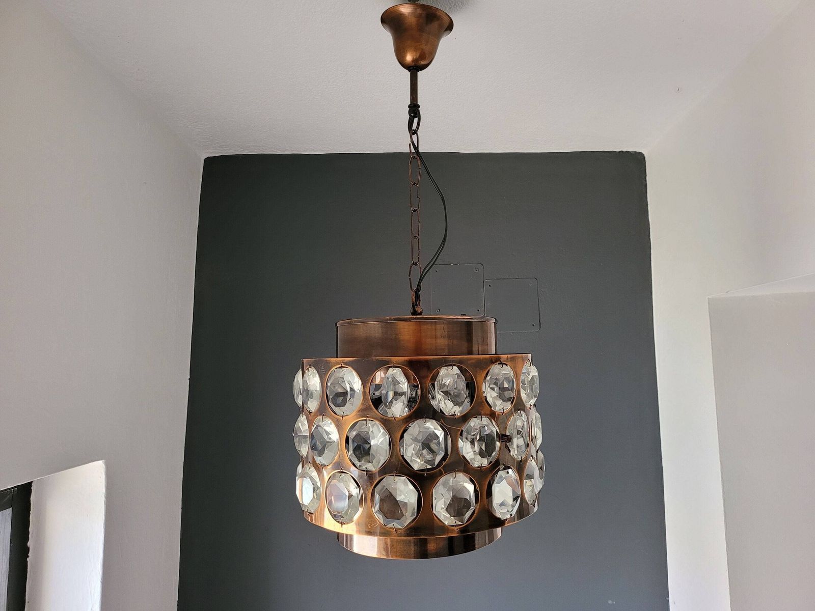 Vintage Ceiling Light, Copper & Crystal Pendant Lamp, Chandelier, Mid Century Modern Light Fixture, 70's Rustic Lamp, Retro Hanging Light photo Lighting