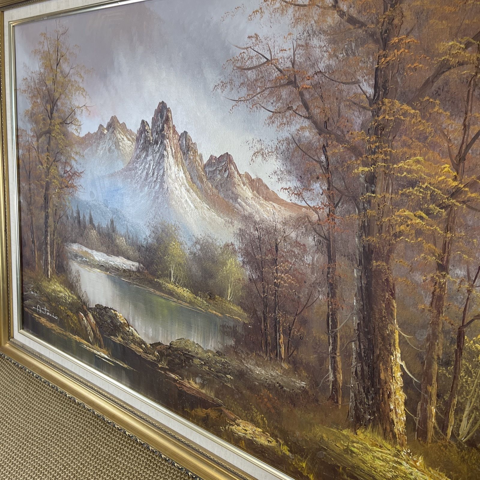 300.0 Oil Painting Signed Antonio Vintage Gold Frame Huge 103cm X 75cm Mountains Lake photo