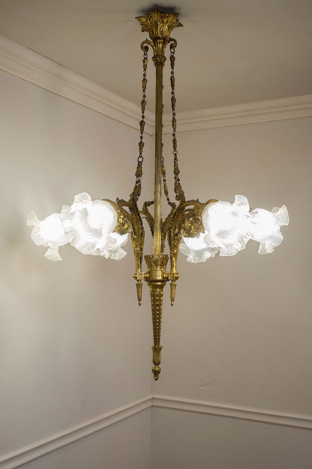 Antique Empire Style Chandelier In Gilded Bronze With Frosted Glass Tulip Shades. photo for sale