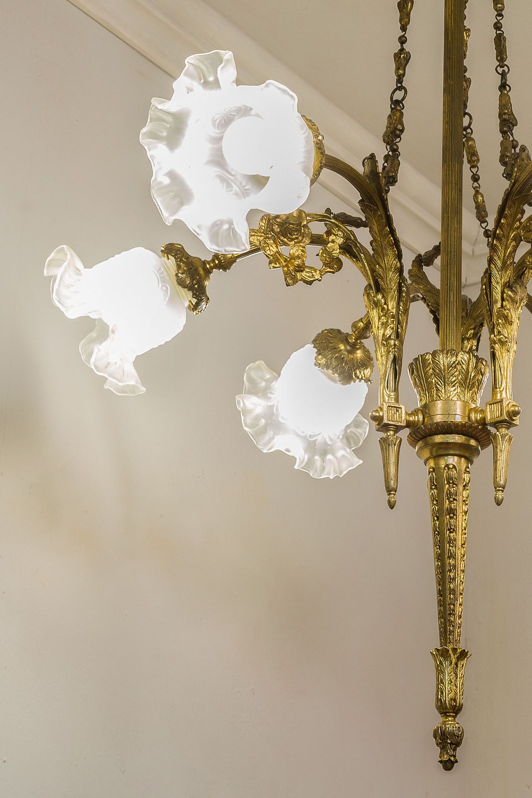 Antique Empire Style Chandelier In Gilded Bronze With Frosted Glass Tulip Shades. photo Lighting