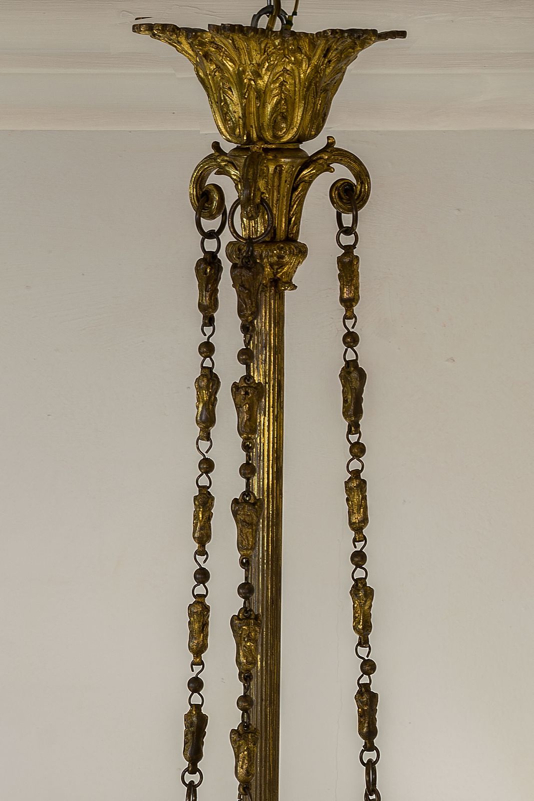 photo furniture Antique Empire Style Chandelier In Gilded Bronze With Frosted Glass Tulip Shades.